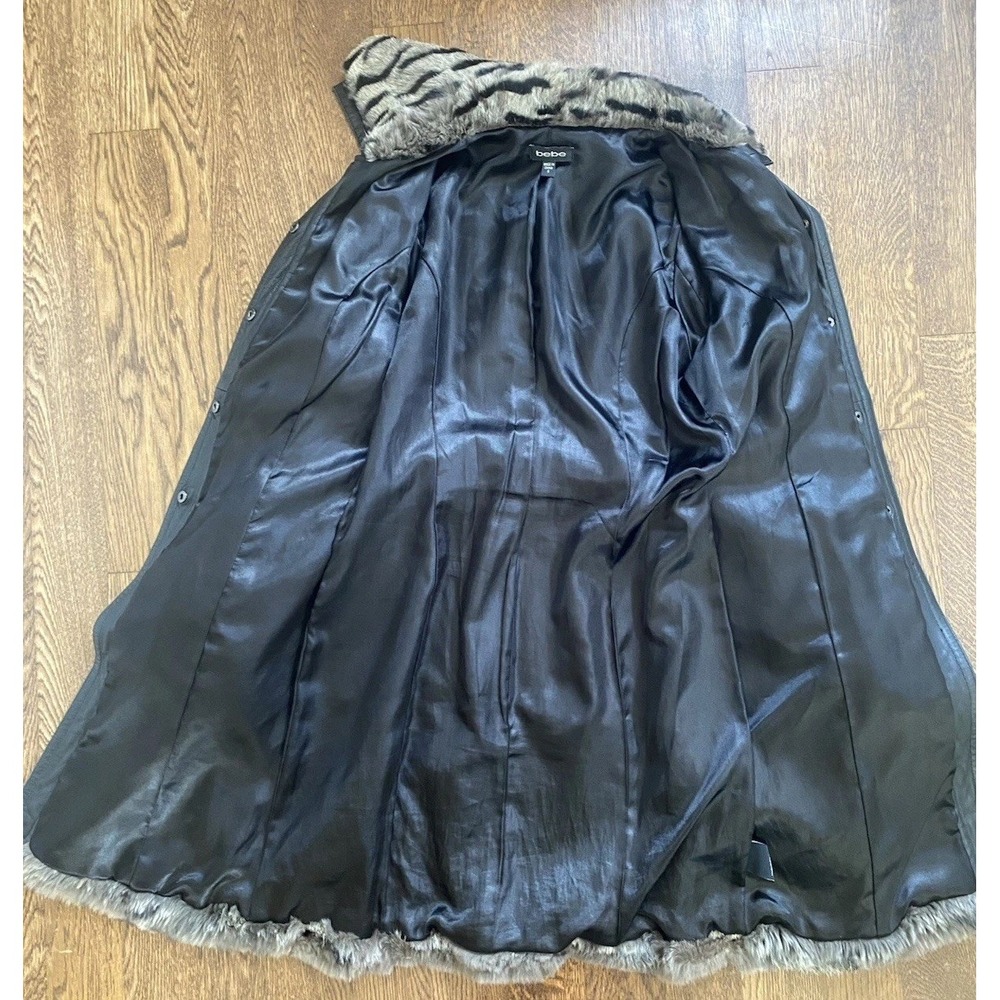 BEBE Vintage Y2K Genuine Rabbit Fur & Leather Tiger Print Trench Coat Jacket S - Picture 8 of 11